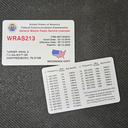 Full-Color GMRS License Reference Card - Plastic Wallet Card (PVC)