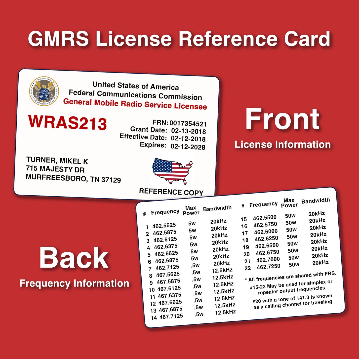 Full-Color GMRS License Reference Card - Plastic Wallet Card (PVC)